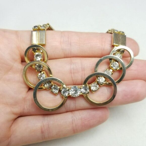 Vintage SAC Sarah Coventry Rhinestone Gold Tone Bracelet, Retro Design, Estate - Picture 6 of 7